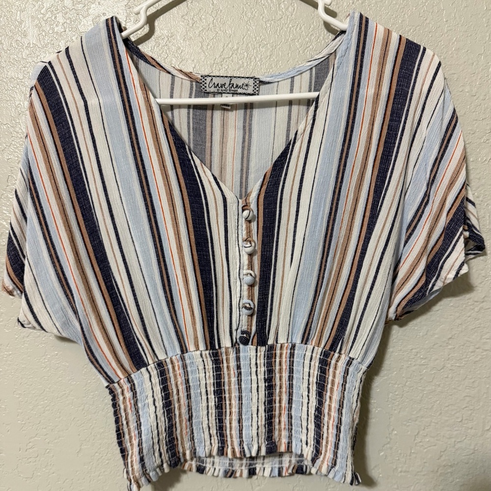 Crave Fame Striped V-Neck Button-Front Crop Top in Navy/Tan/White